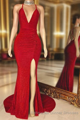 V-neck Cross Back Sleeveless Long Mermaid Semi Formal Prom Dresses